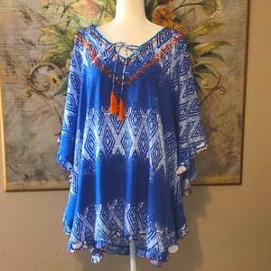 Sz M Kalypso 7 Blue & White Ombre Print Beach Coverup with Orange Embroi…
